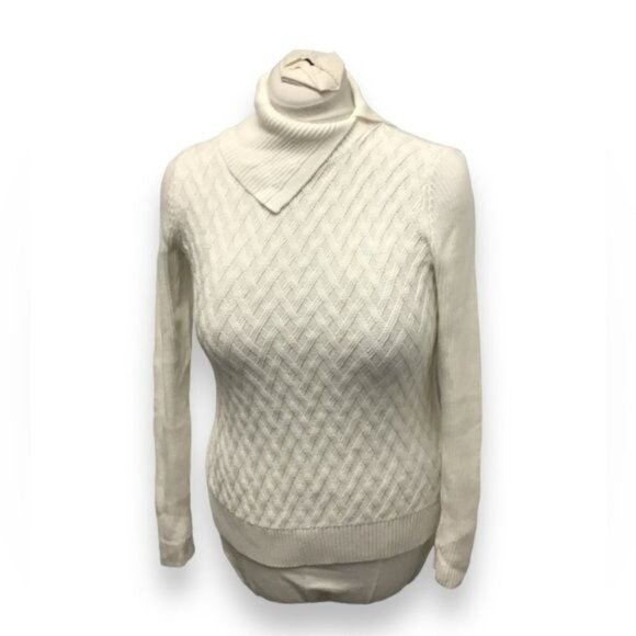 Lands’ End Women’s Split Cowl Neck Cotton Sweater, Ivory, size XS - Picture 1 of 9